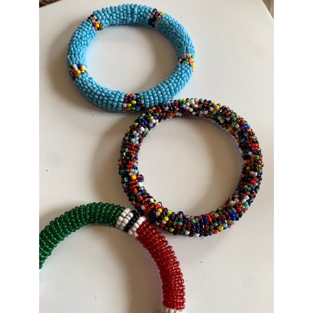 Set of 3 Maasai Beaded Bangle Bracelets Handmade African Jewelry Multi Color